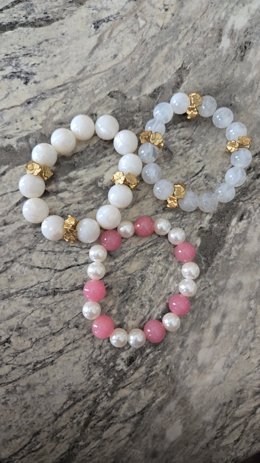 Faux Pearl Pink and White Beaded Bracelet Set
